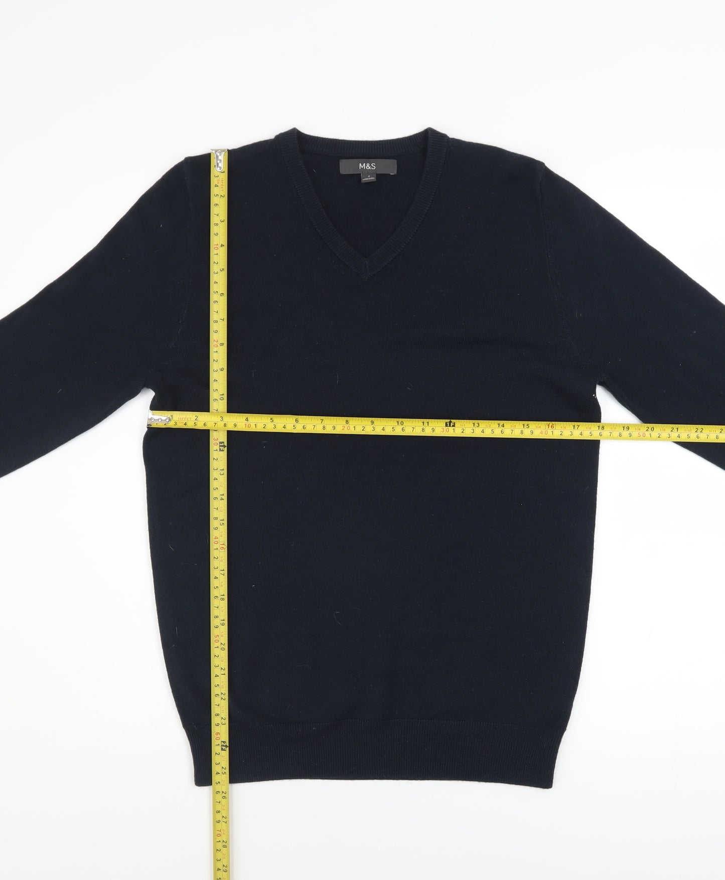 Marks and Spencer Men's Navy Blue V-Neck Acrylic Jumper Size S