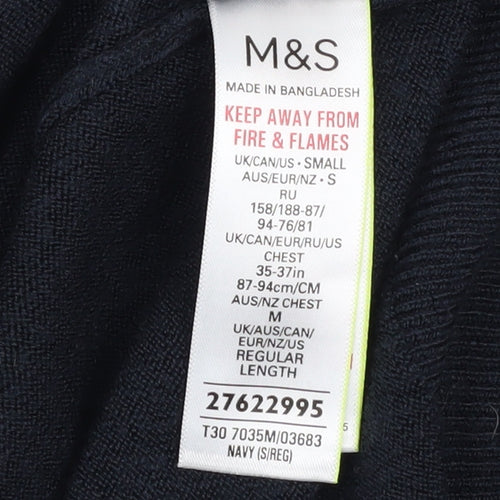 Marks and Spencer Men's Navy Blue V-Neck Acrylic Jumper Size S