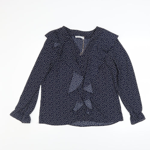 Gallery Womens Blue Polka Dot Ruffle Long Sleeve Blouse Size 10