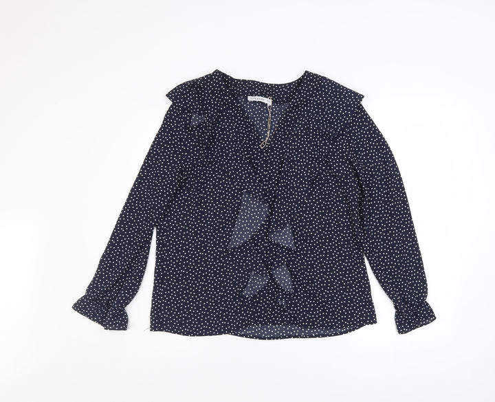 Gallery Womens Blue Polka Dot Ruffle Long Sleeve Blouse Size 10