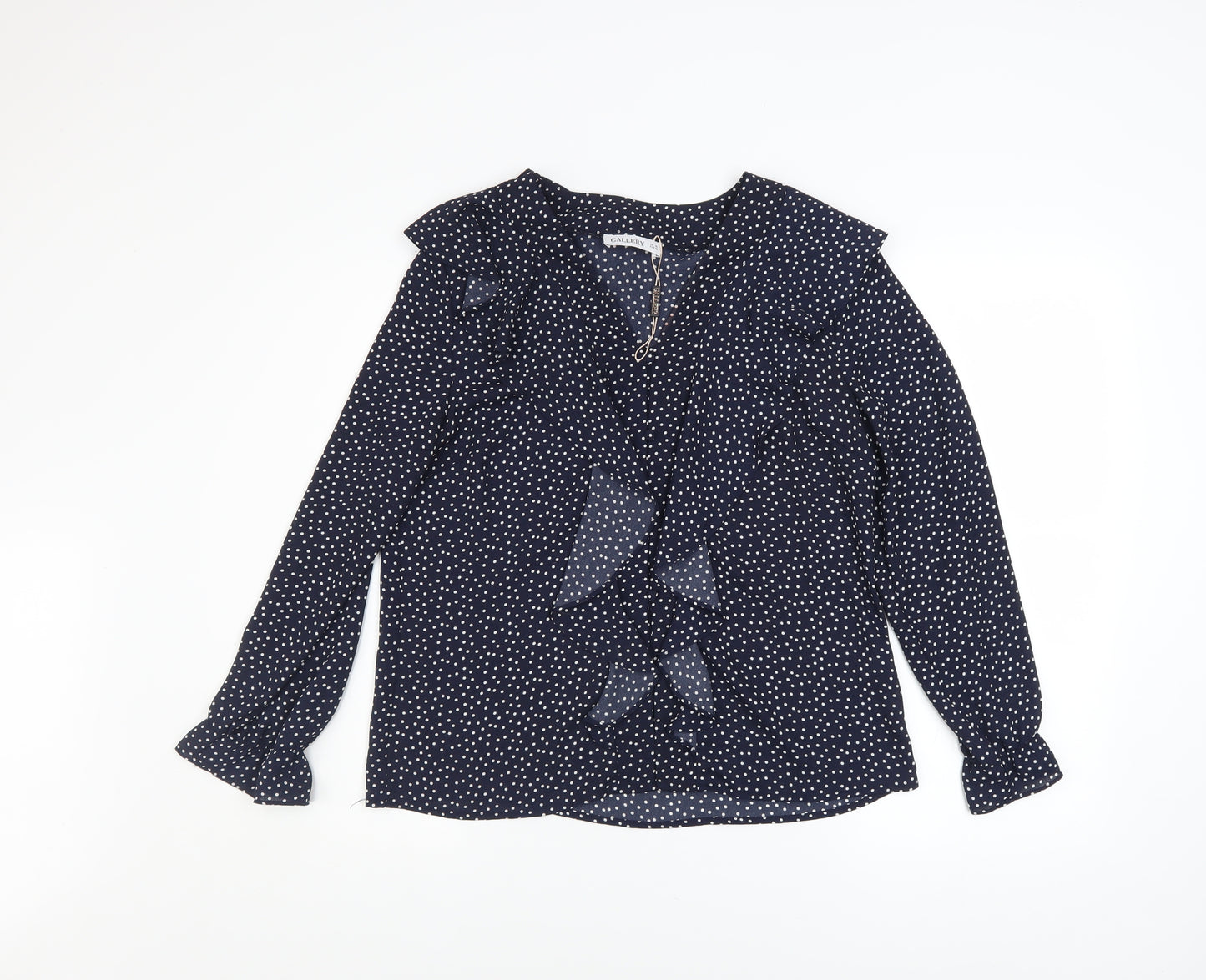 Gallery Womens Blue Polka Dot Ruffle Long Sleeve Blouse Size 10