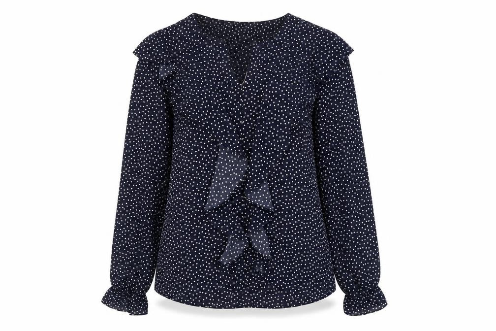 Front view of Gallery women’s blue polka dot ruffle long sleeve blouse, size UK 10