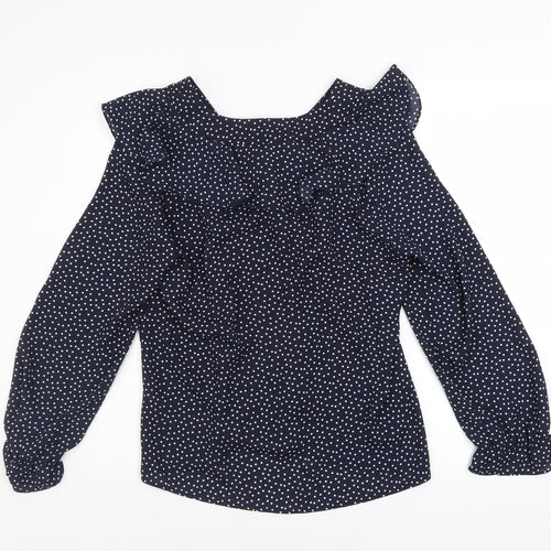 Gallery Womens Blue Polka Dot Ruffle Long Sleeve Blouse Size 10