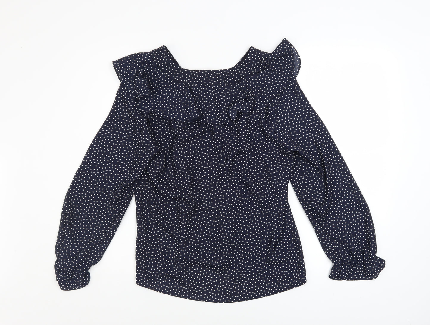Gallery Womens Blue Polka Dot Ruffle Long Sleeve Blouse Size 10