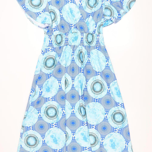 Luna Women Blue Geometric A-Line Midi Dress S Short Sleeve V-Neck