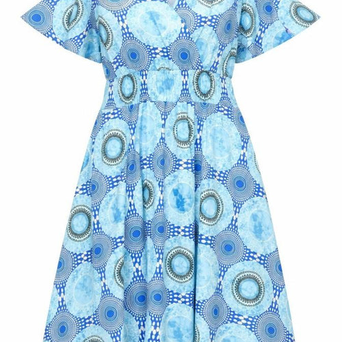 Luna Women Blue Geometric A-Line Midi Dress S Short Sleeve V-Neck