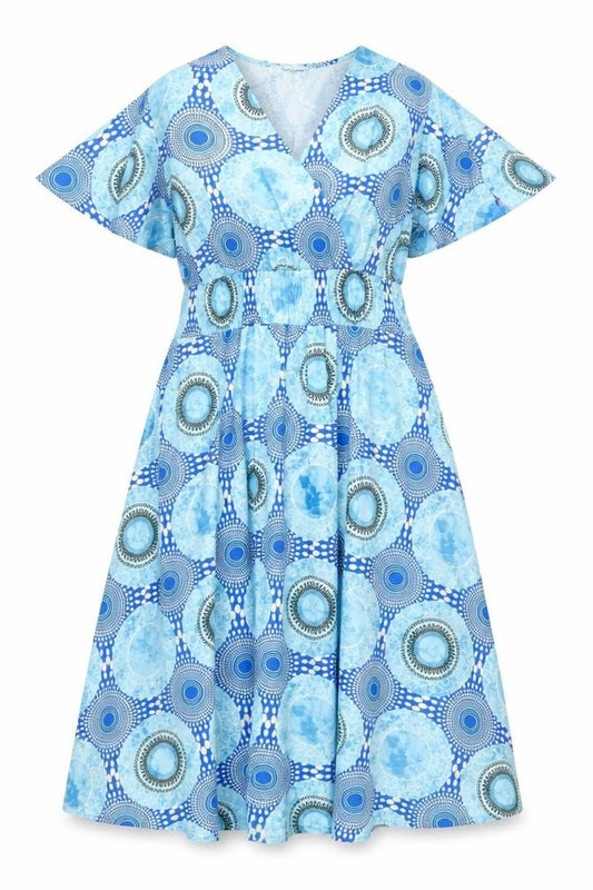 Front view of Luna Women Blue Geometric A-Line Midi Dress S Short Sleeve V-Neck