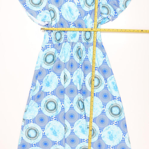 Luna Women Blue Geometric A-Line Midi Dress S Short Sleeve V-Neck