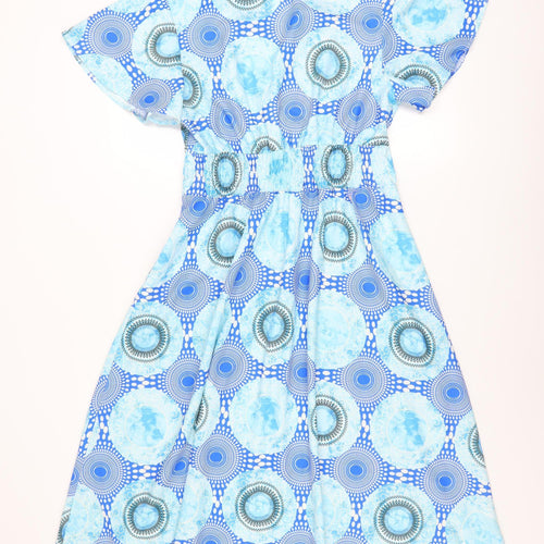 Luna Women Blue Geometric A-Line Midi Dress S Short Sleeve V-Neck