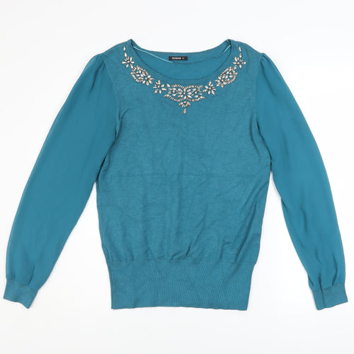 Roman Women Blue Beaded Crew Neck Long Sleeve Pullover Jumper Size 12