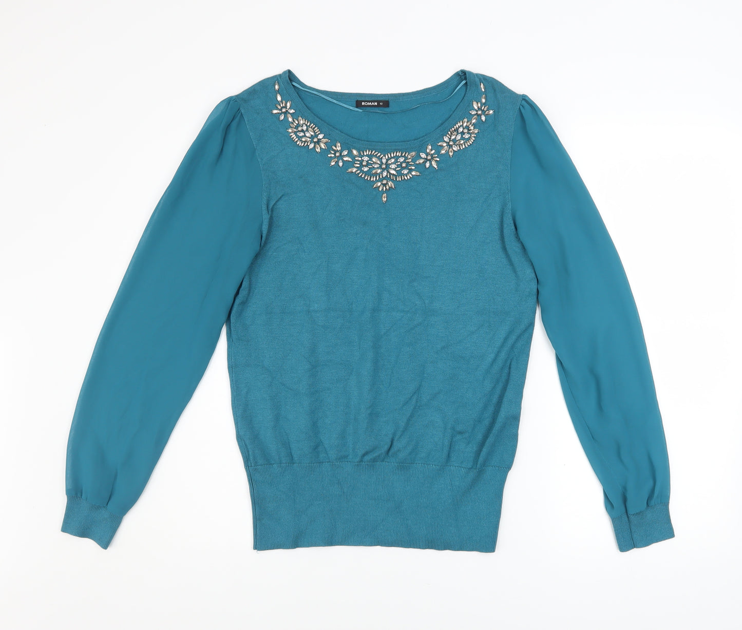 Roman Women Blue Beaded Crew Neck Long Sleeve Pullover Jumper Size 12