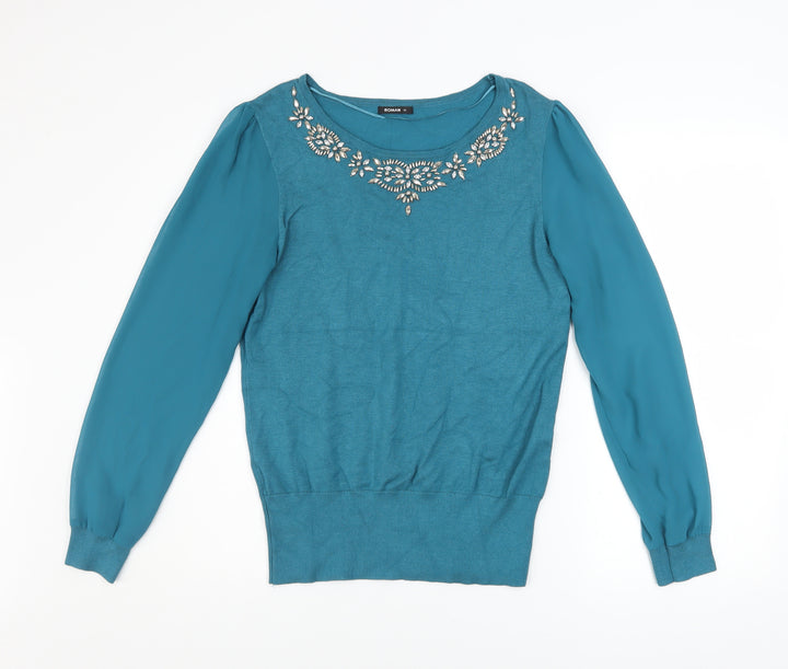 Roman Women Blue Beaded Crew Neck Long Sleeve Pullover Jumper Size 12