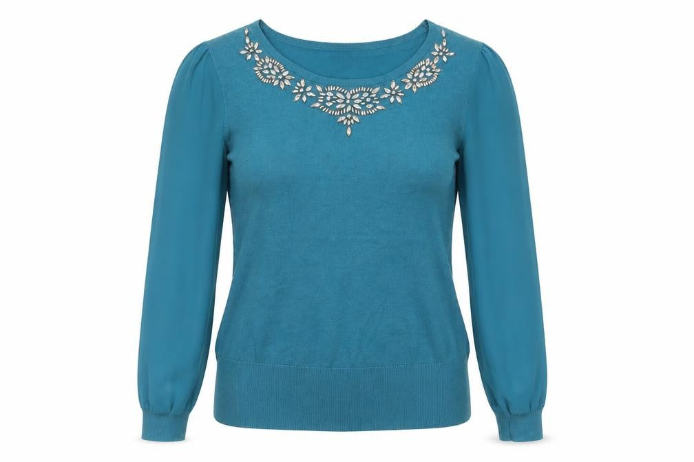 Front view of Roman Women Blue Beaded Crew Neck Long Sleeve jumper, size 12