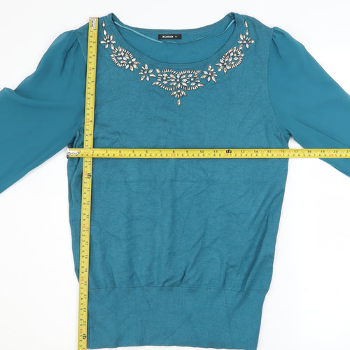 Roman Women Blue Beaded Crew Neck Long Sleeve Pullover Jumper Size 12
