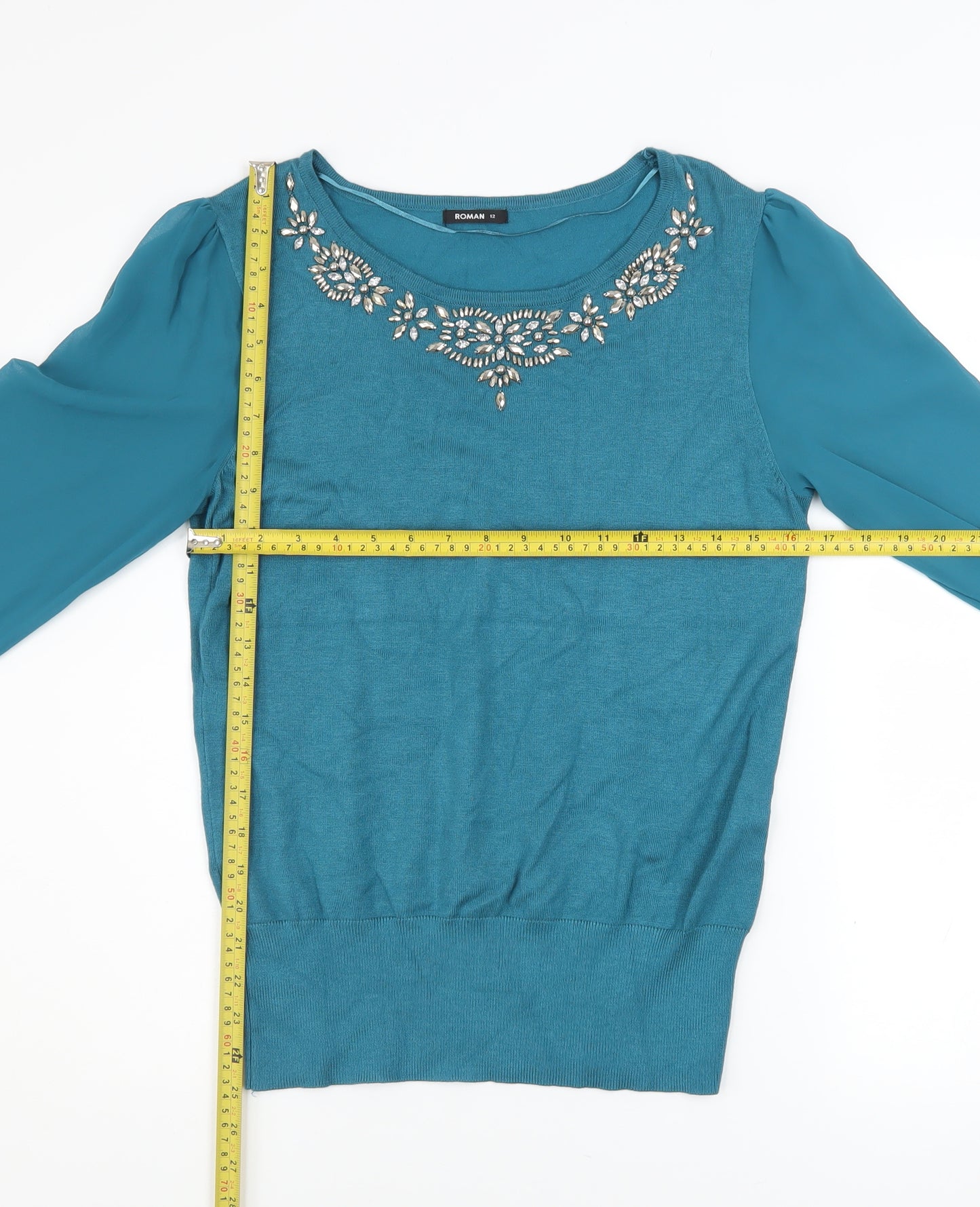 Roman Women Blue Beaded Crew Neck Long Sleeve Pullover Jumper Size 12
