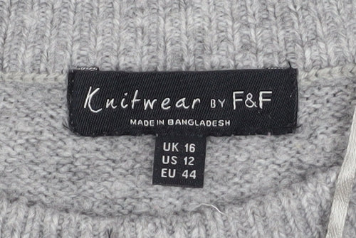 F&F Women’s Grey Long Sleeve Crew Neck Knit Pullover Jumper Size 16