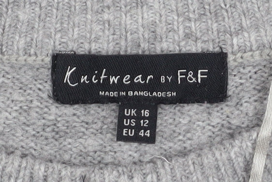 F&F Women’s Grey Long Sleeve Crew Neck Knit Pullover Jumper Size 16