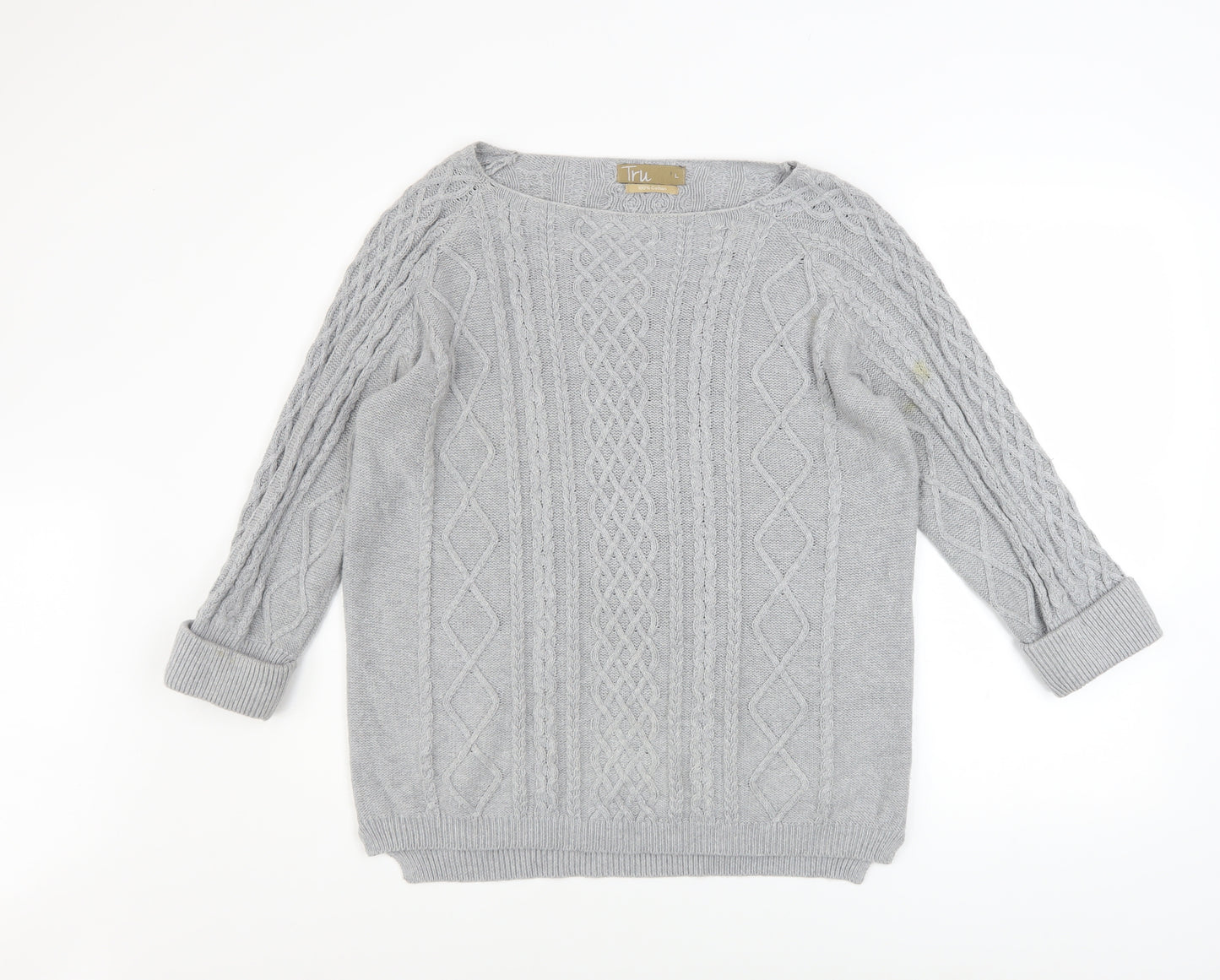 Tru Women Grey Cable-Knit Cotton Jumper Size L Boat Neck