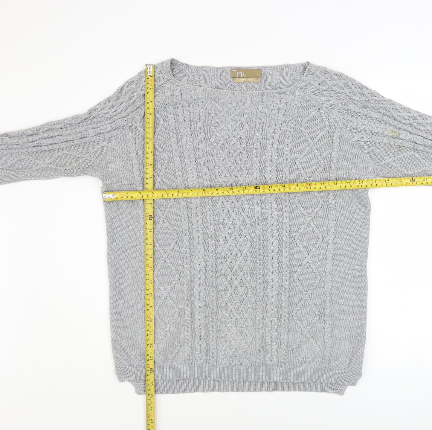 Tru Women Grey Cable-Knit Cotton Jumper Size L Boat Neck