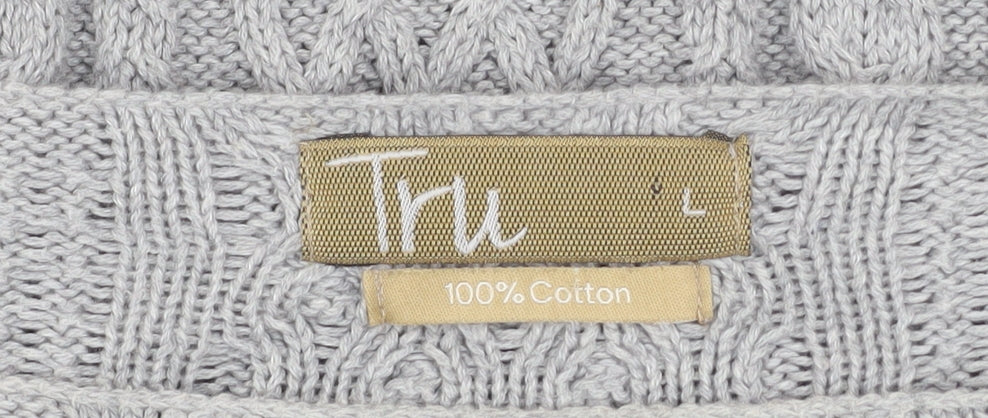 Tru Women Grey Cable-Knit Cotton Jumper Size L Boat Neck