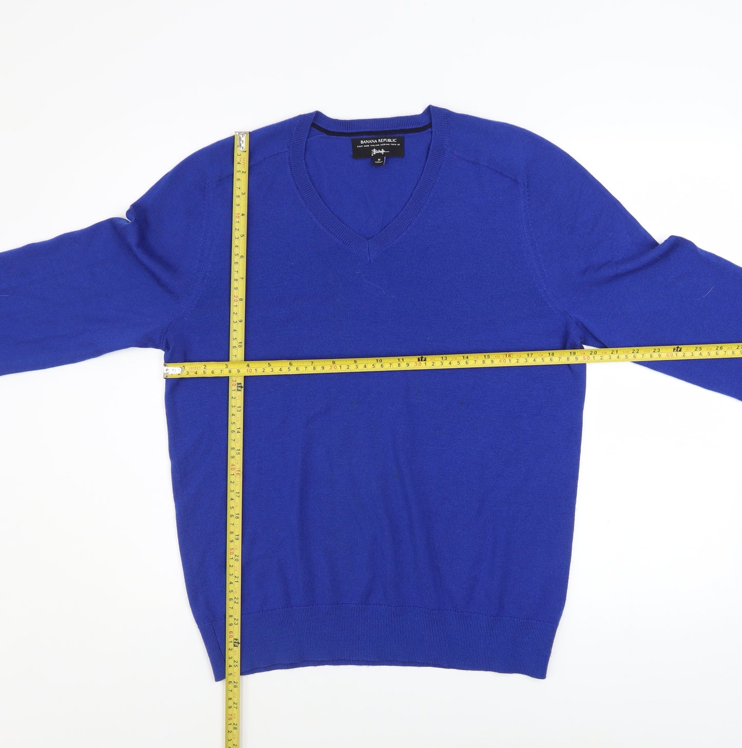 Banana Republic Men's Blue Merino Wool V-Neck Jumper Size M