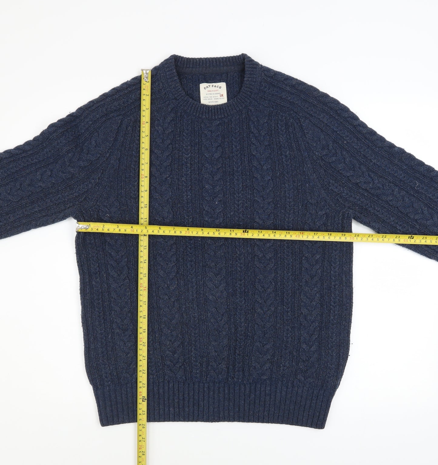 Fat Face Men's Blue Cable-Knit Wool Blend Crew Neck Jumper Size M
