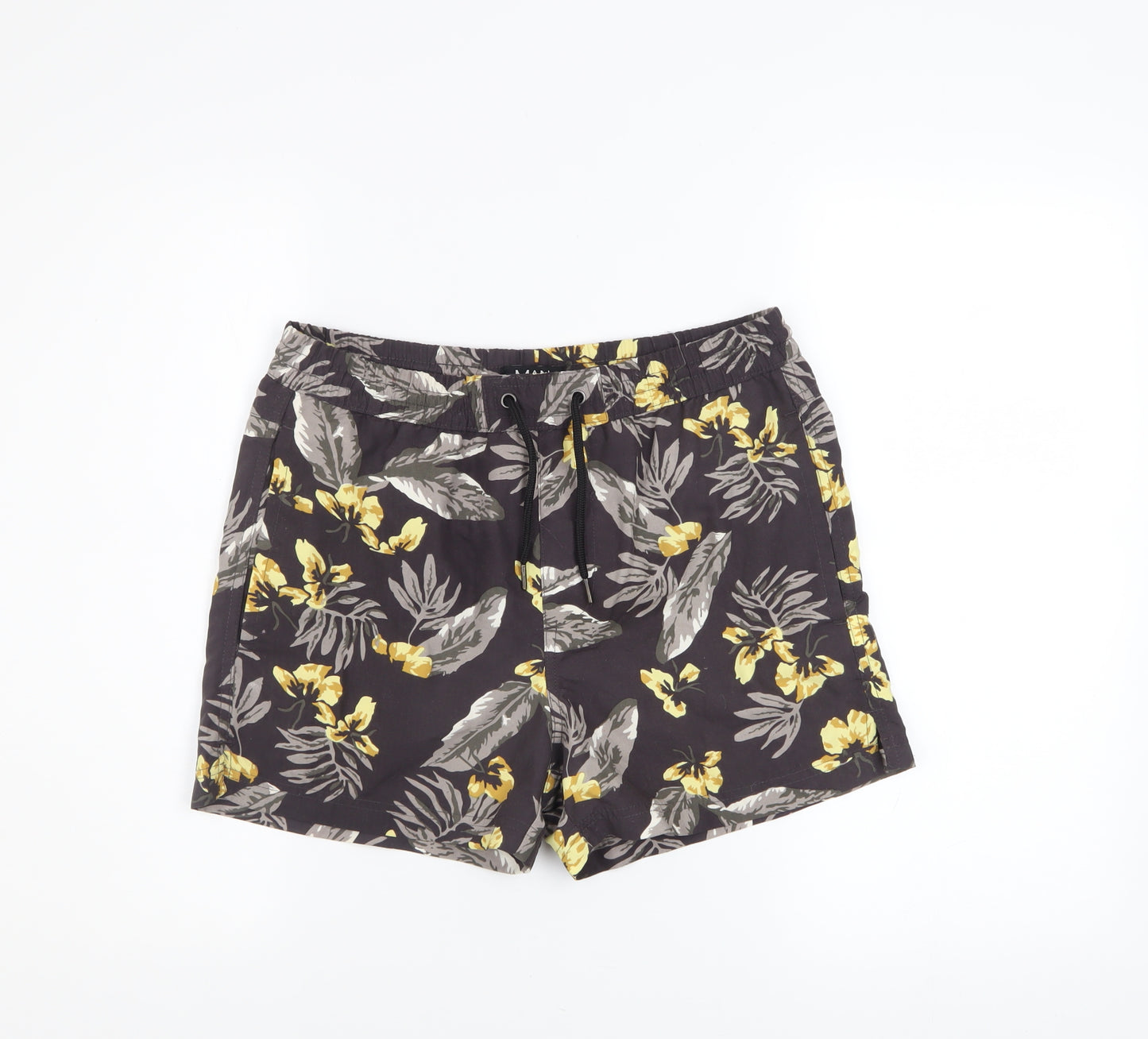 boohooMAN Men's Black Floral Swim Shorts S Quick Dry Festival Style