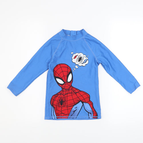 Marks and Spencer Boys Blue Spider-Man Rash Guard 7-8 Years UV Protection Swim Top