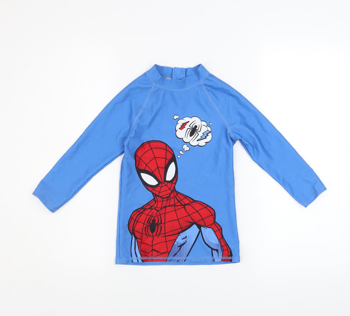 Marks and Spencer Boys Blue Spider-Man Rash Guard 7-8 Years UV Protection Swim Top