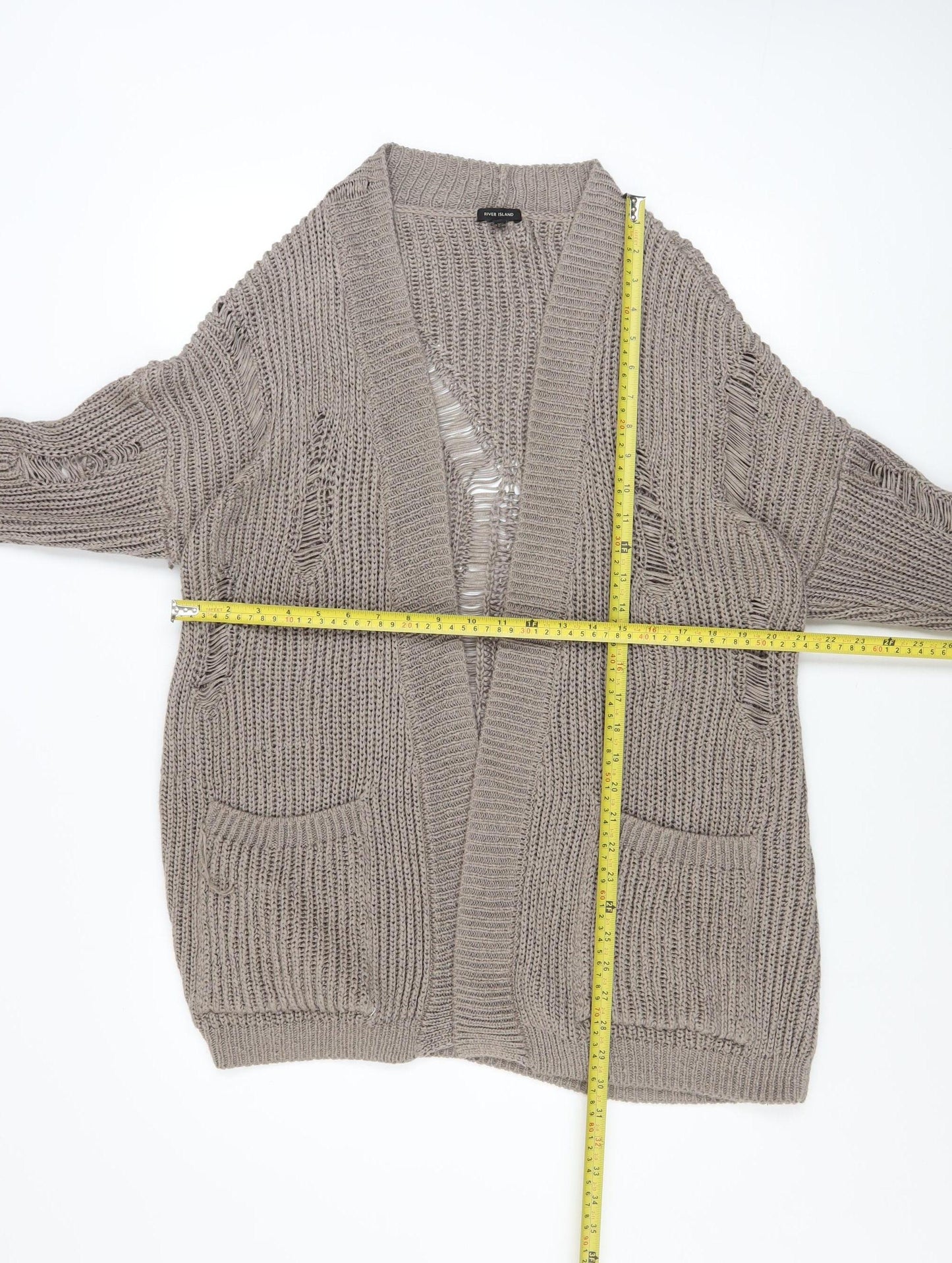 River Island Women’s Beige Chunky Knit Distressed Open Cardigan M