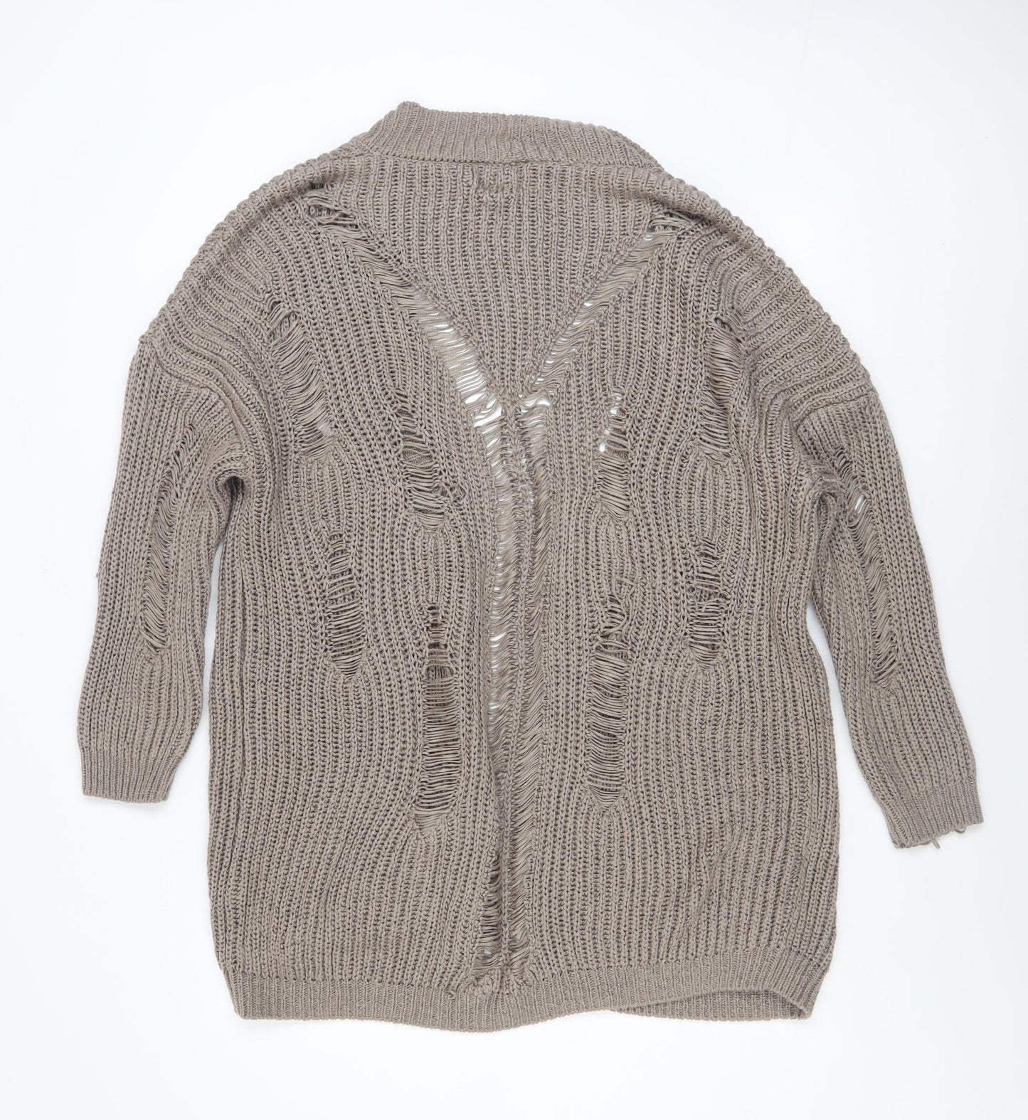River Island Women’s Beige Chunky Knit Distressed Open Cardigan M