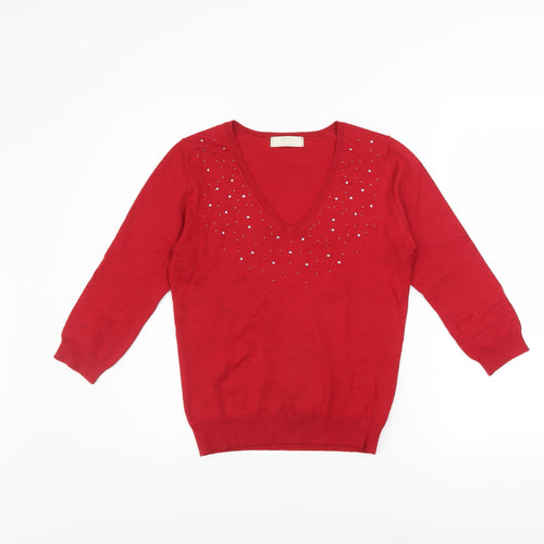 Marks and Spencer Women's Red V-Neck Rhinestone Pullover Jumper UK 10