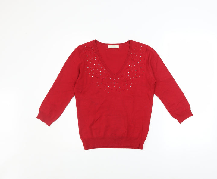 Marks and Spencer Women's Red V-Neck Rhinestone Pullover Jumper UK 10