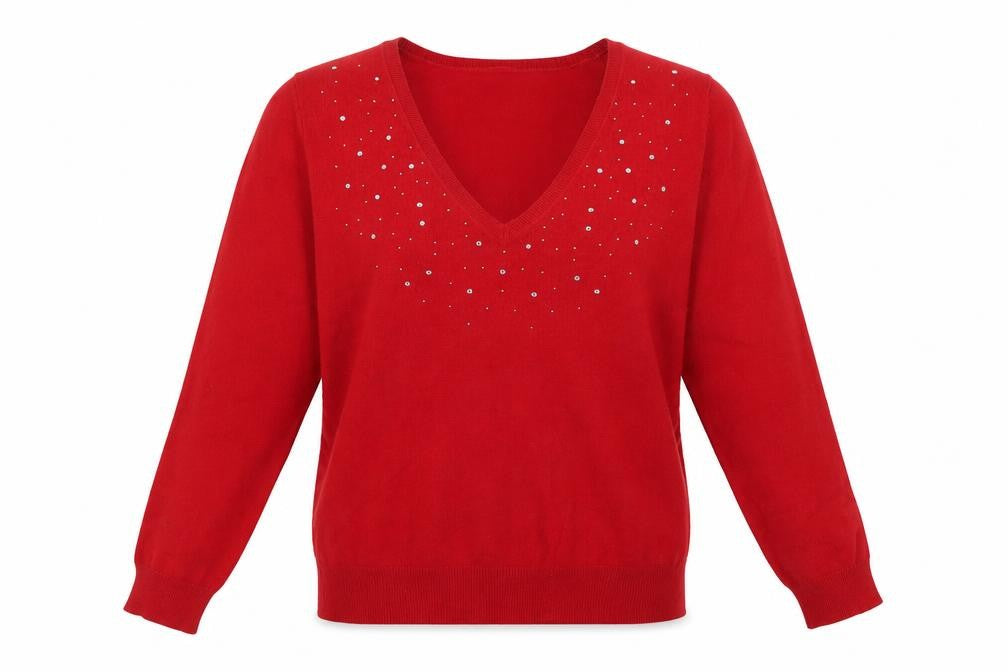 Front view of Marks & Spencer Women's Red V-Neck Rhinestone jumper UK 10