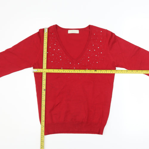 Marks and Spencer Women's Red V-Neck Rhinestone Pullover Jumper UK 10