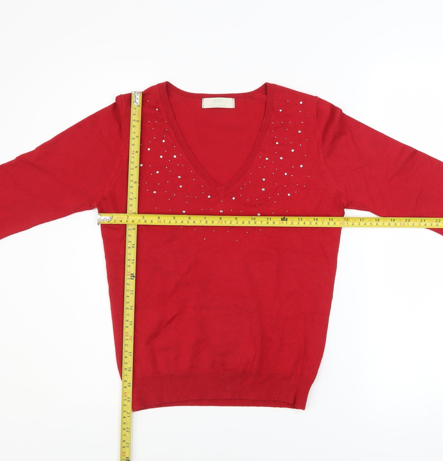 Marks and Spencer Women's Red V-Neck Rhinestone Pullover Jumper UK 10