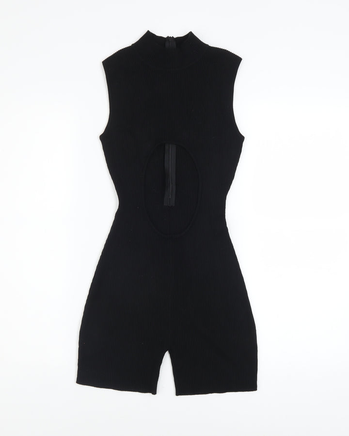 PrettyLittleThing Women Black Sleeveless Cut Out Ribbed Playsuit Size S