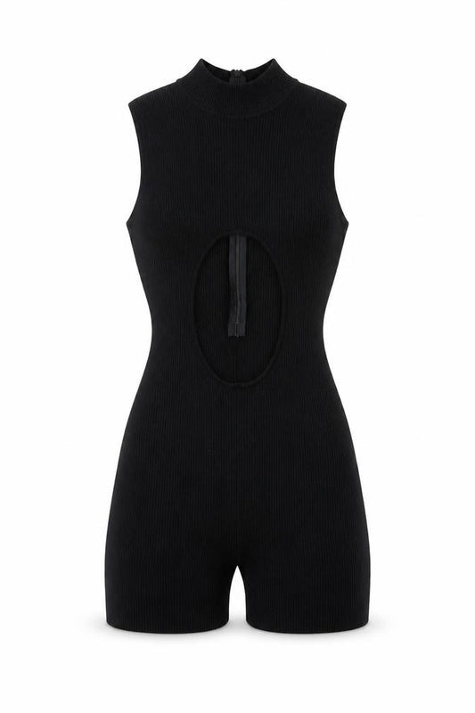Front view of PRETTYLITTLETHING Women Black Sleeveless Cut Out Ribbed Playsuit, size S