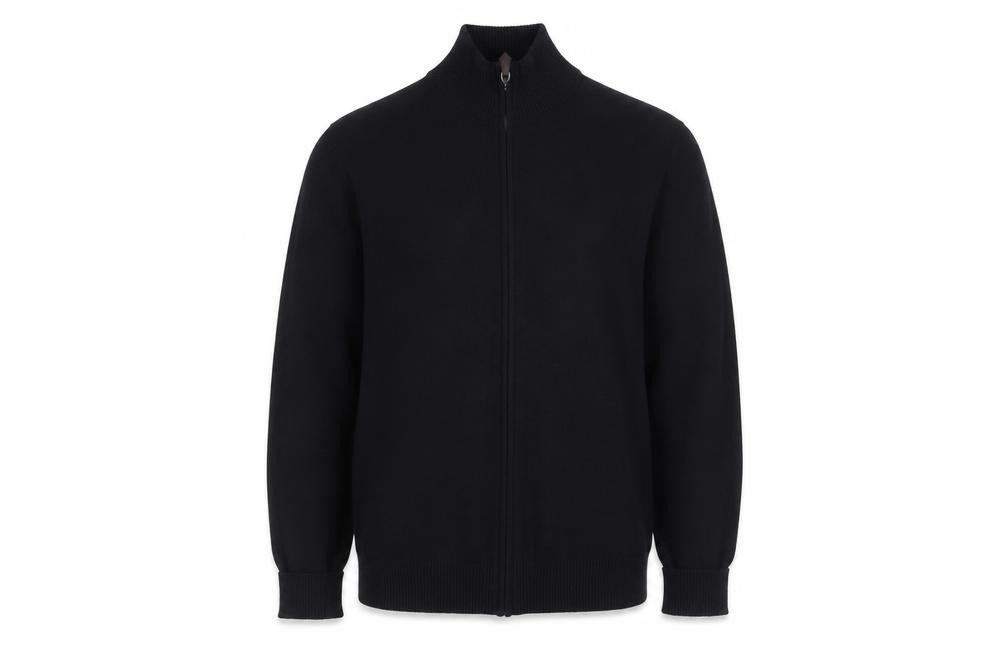 Front view of John Partridge Men’s Black Wool Zip Jacket, size L, Classic Knit