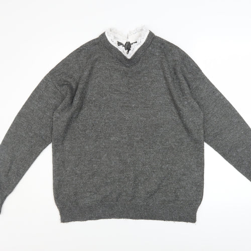 RR Women’s Grey V-Neck Knit Jumper Lace Detail Size L
