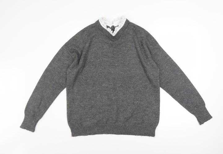 RR Women’s Grey V-Neck Knit Jumper Lace Detail Size L