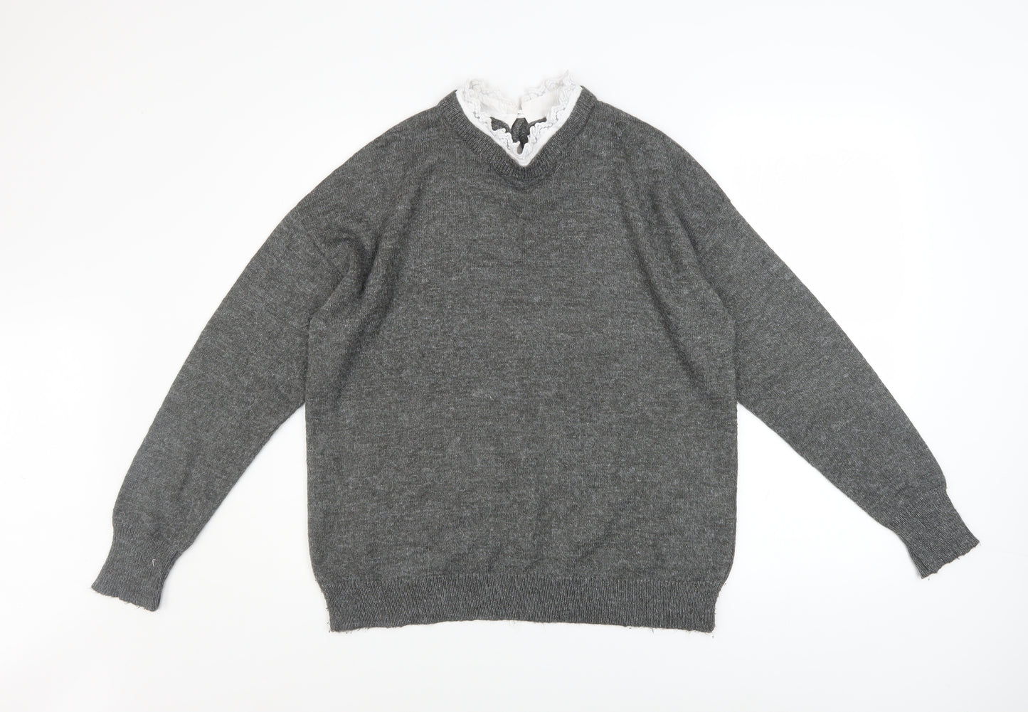 RR Women’s Grey V-Neck Knit Jumper Lace Detail Size L