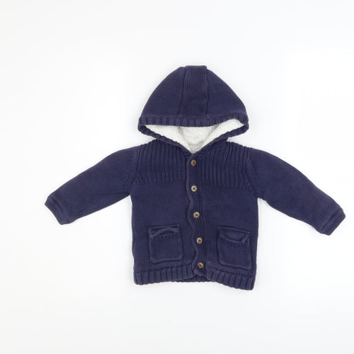 Marks and Spencer Unisex Baby Navy Hooded Knitted Jacket 12-18 Months Lined Cotton