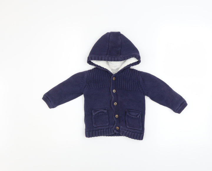 Marks and Spencer Unisex Baby Navy Hooded Knitted Jacket 12-18 Months Lined Cotton