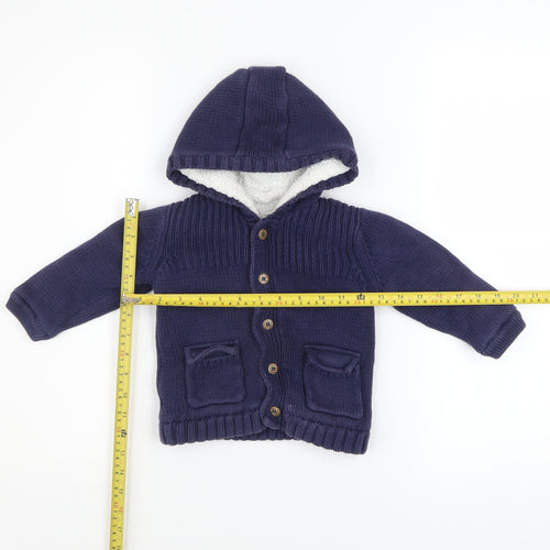 Marks and Spencer Unisex Baby Navy Hooded Knitted Jacket 12-18 Months Lined Cotton