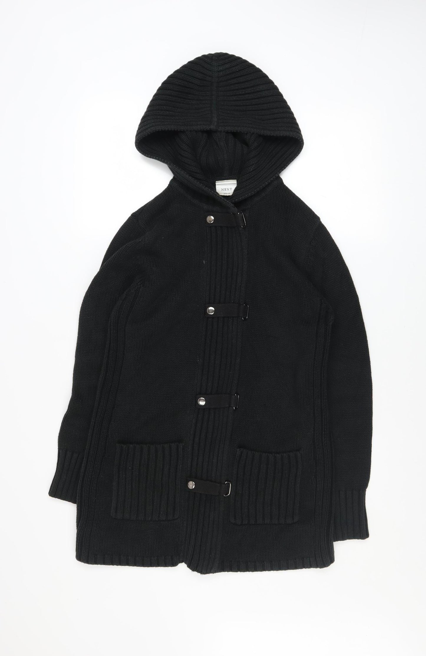 Next Women Black Hooded Knit Coatigan Size M Cotton Blend