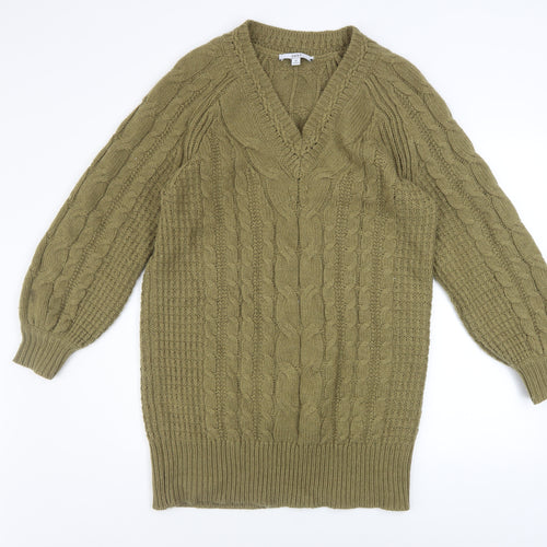 Next Women Green Jumper Dress Size 12 V-Neck Long Sleeve Knit