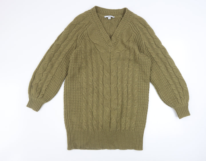 Next Women Green Jumper Dress Size 12 V-Neck Long Sleeve Knit