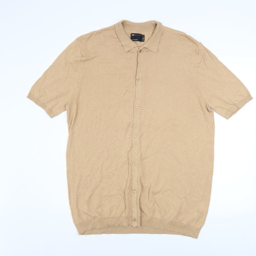 ASOS DESIGN Men’s Beige Cotton Short Sleeve Button-Up Shirt L Tall