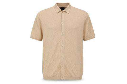 Front view of ASOS DESIGN Men’s Beige Cotton Short Sleeve Button-Up Shirt L Tall